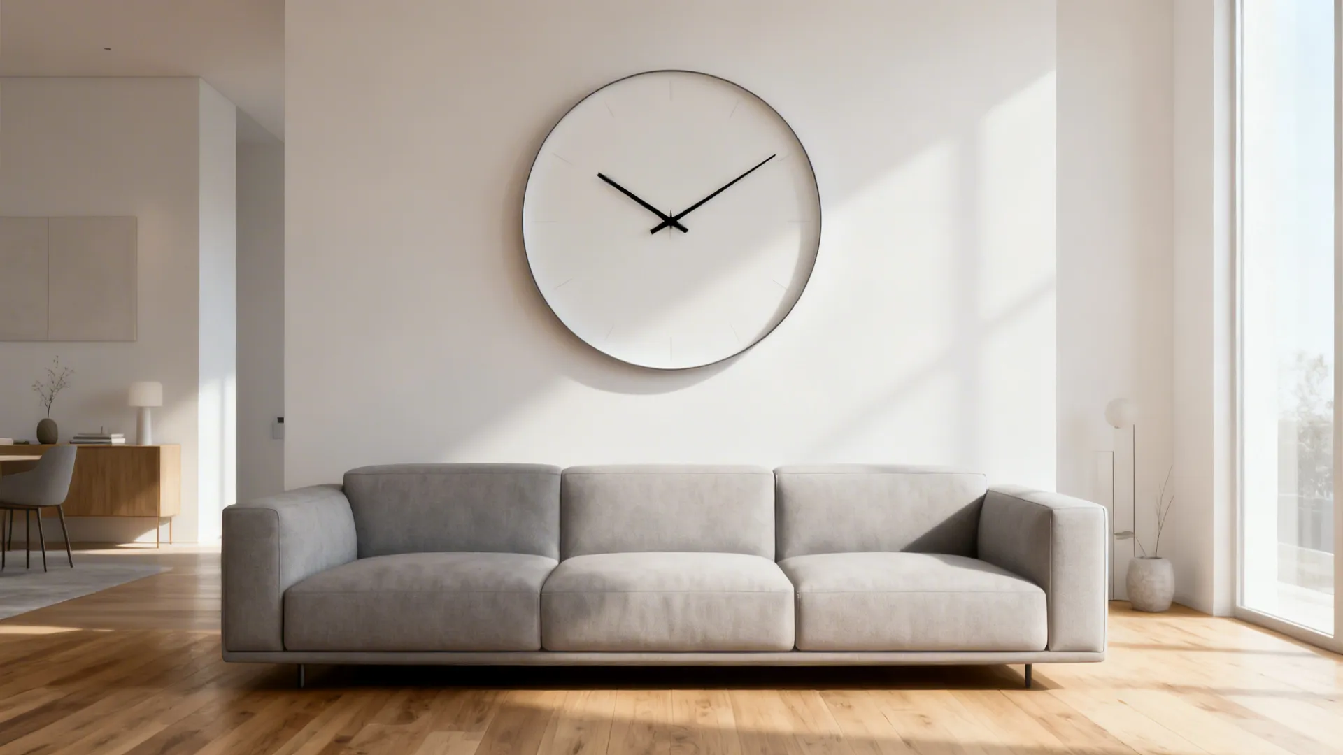 Minimalist living room with large white clock above grey sofa, wooden floor, and bright light