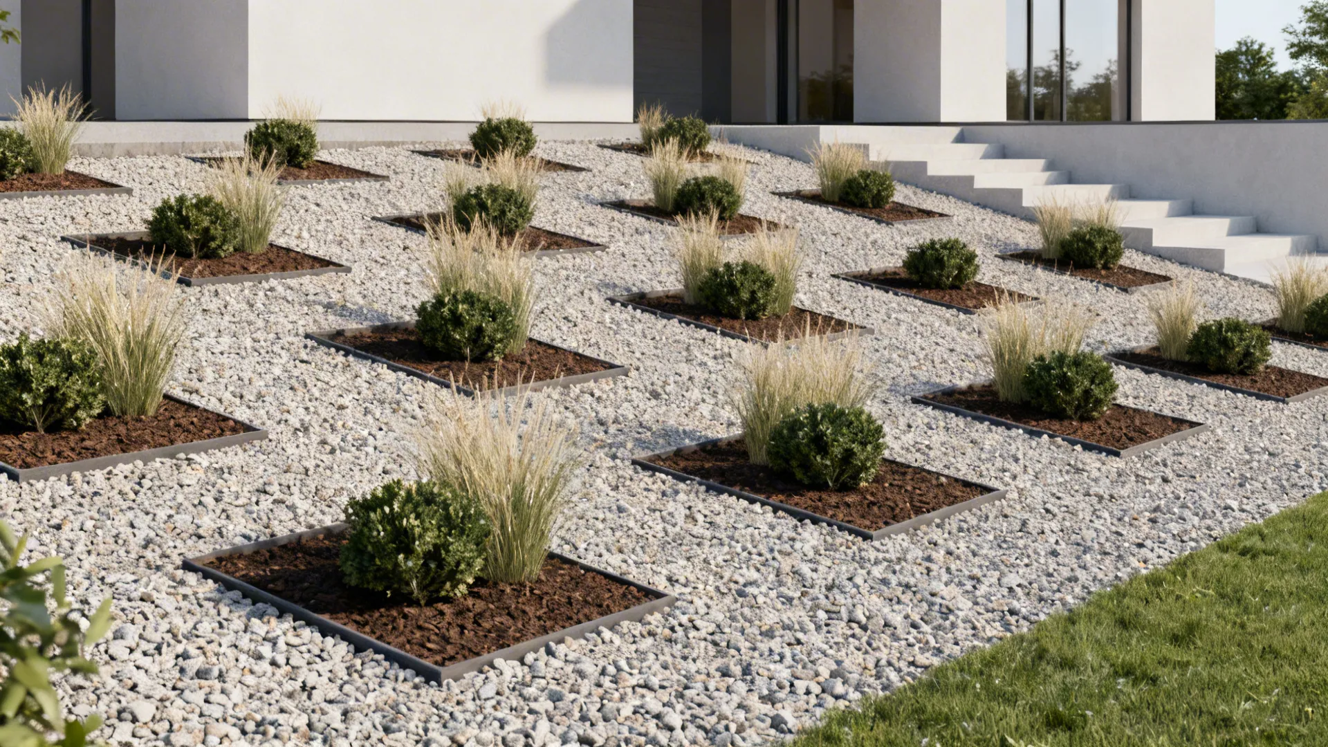 Modern garden design with square plant beds containing green bushes and grass on grey gravel