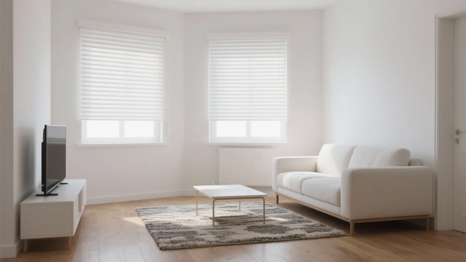 Minimalist white roller blinds in a small bright living room