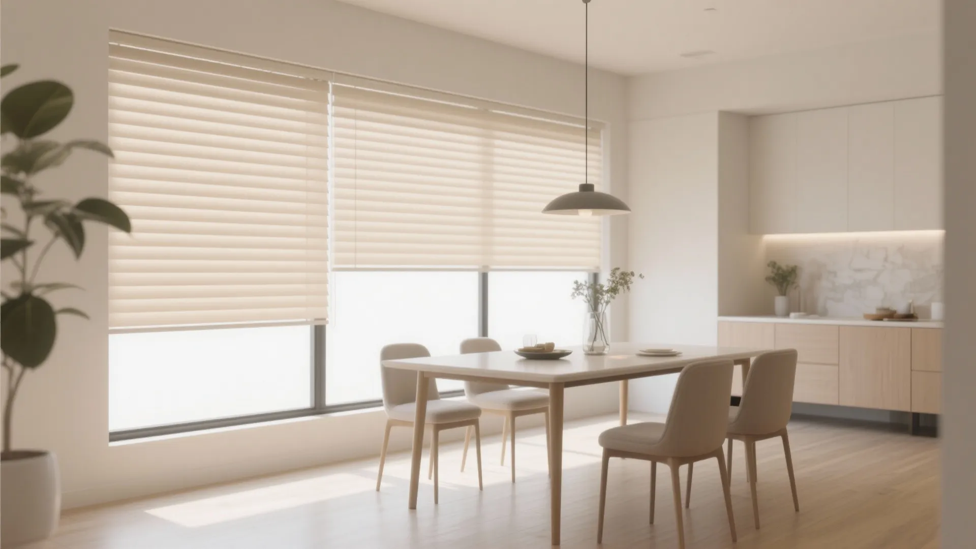 Modern dining room with minimalist beige roller blinds