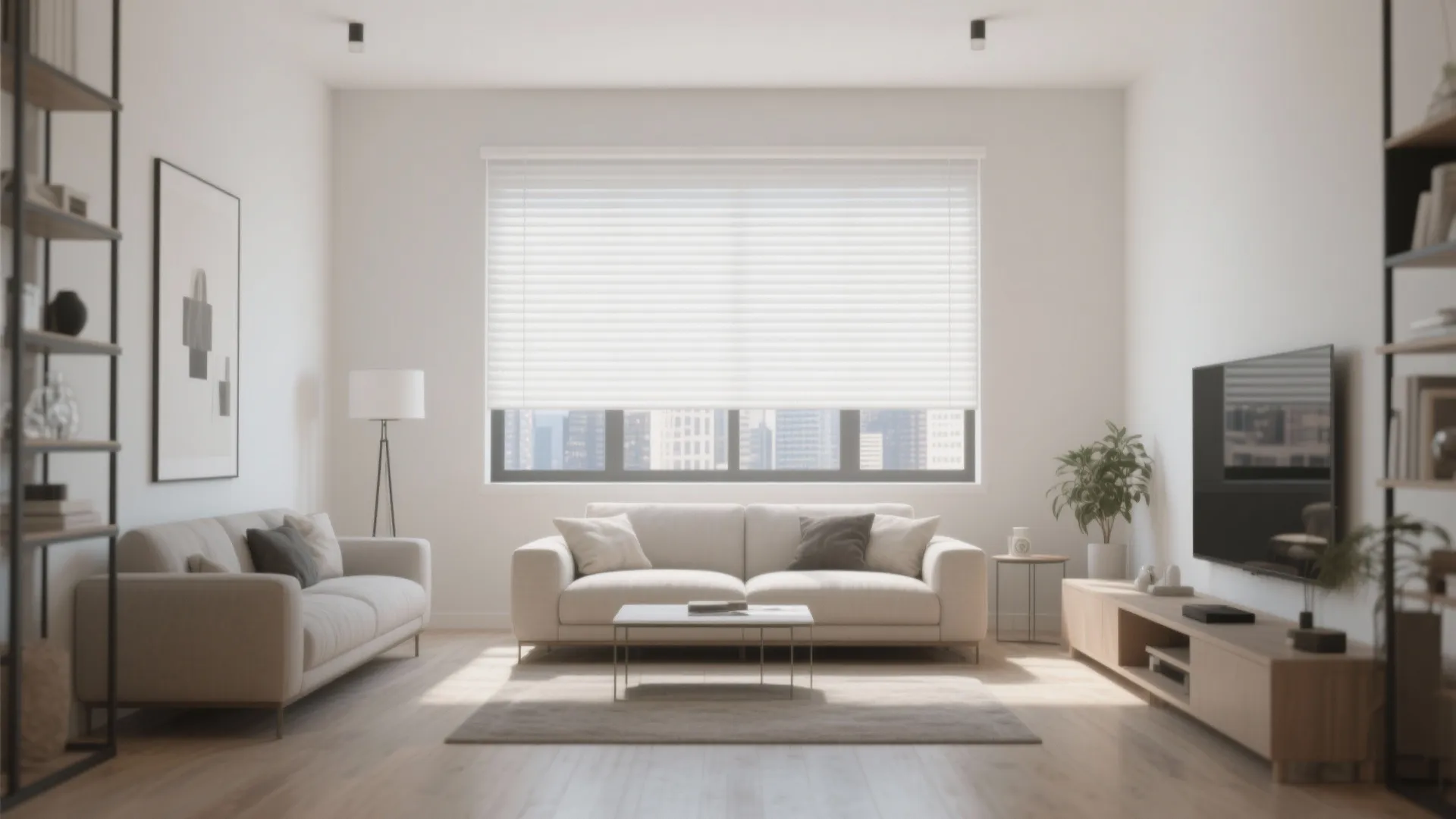 Urban living room with clean white minimalist roller blinds