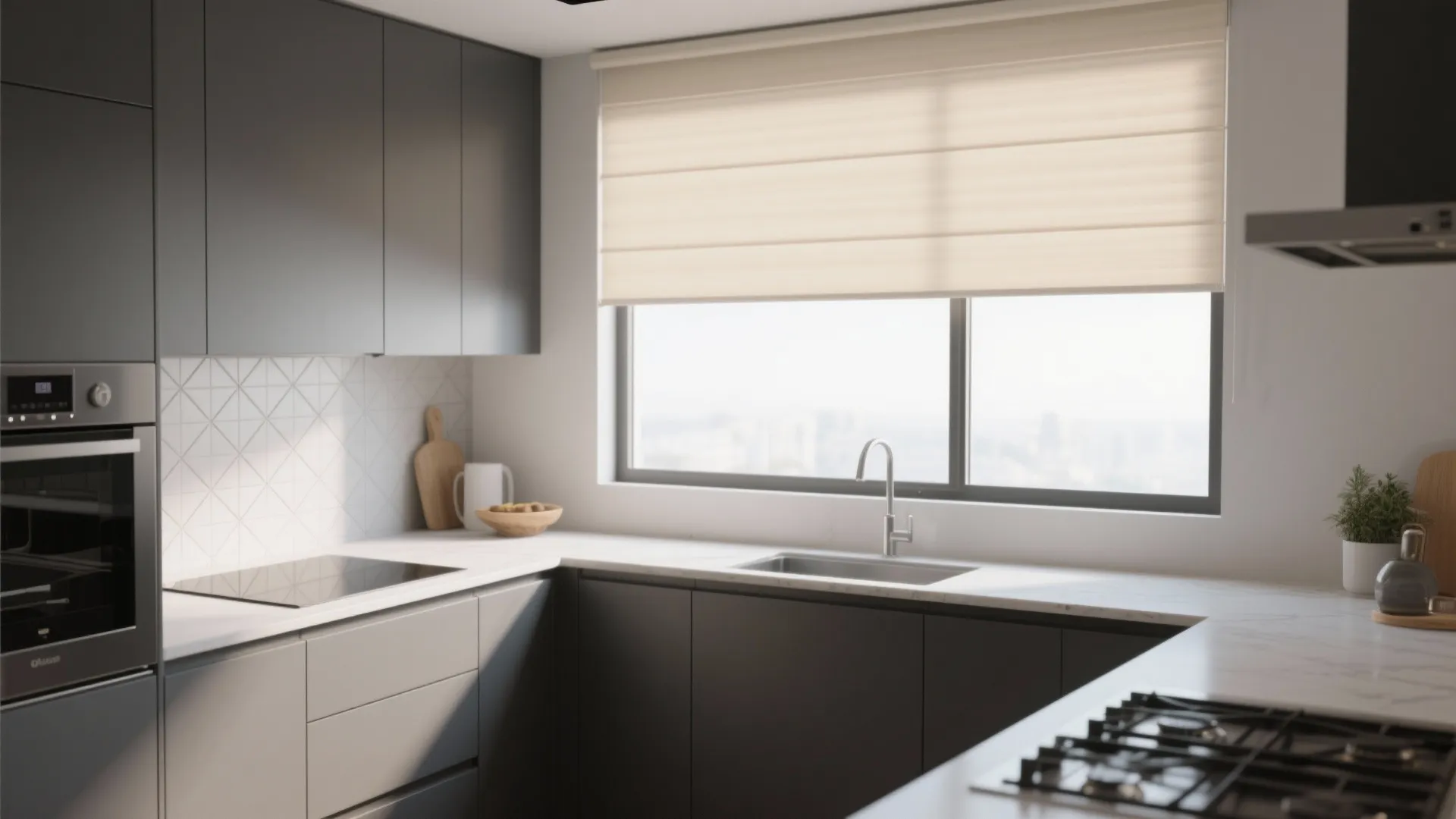 Modern grey kitchen with white countertop black cabinets and cream roller blinds over large window