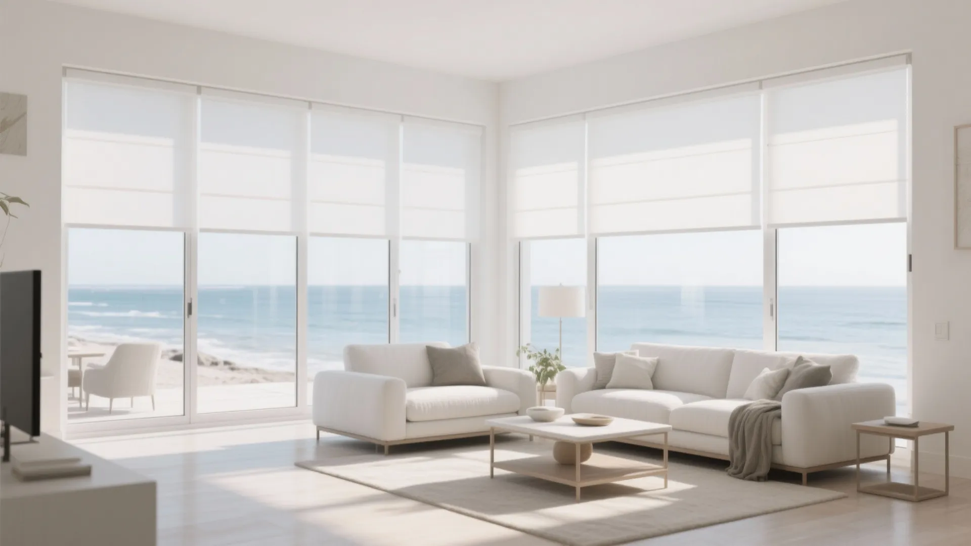 Coastal living room with sleek white roller shades filtering sunlight