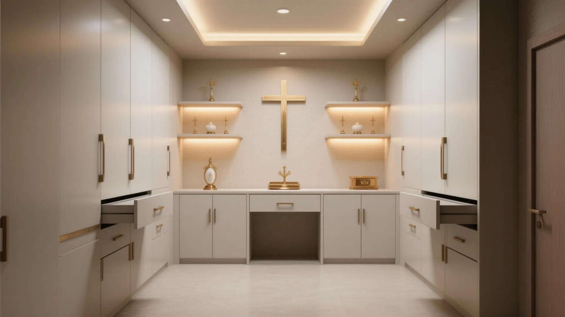White storage room with gold handles, built-in cabinets, open drawers, wall shelves, and central cross