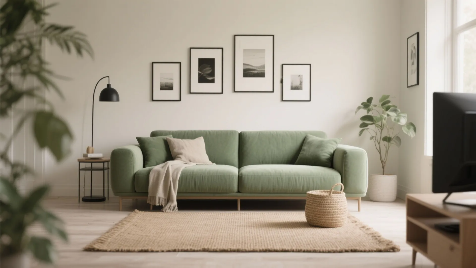 Minimalist living room featuring green sofa wall art floor lamp rug and white wall background