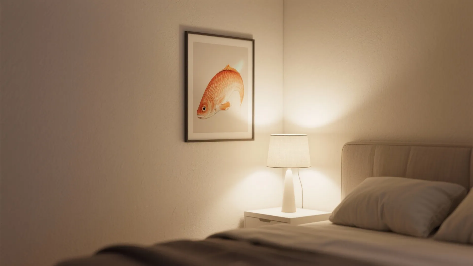 Minimalist bedroom corner featuring a white table lamp next to a framed orange fish painting