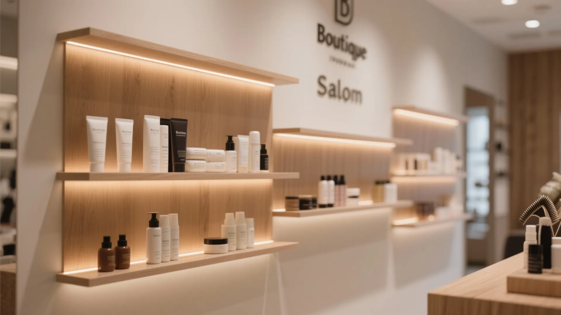 Modern salon wooden wall shelves with built in lights displaying various hair care product bottles