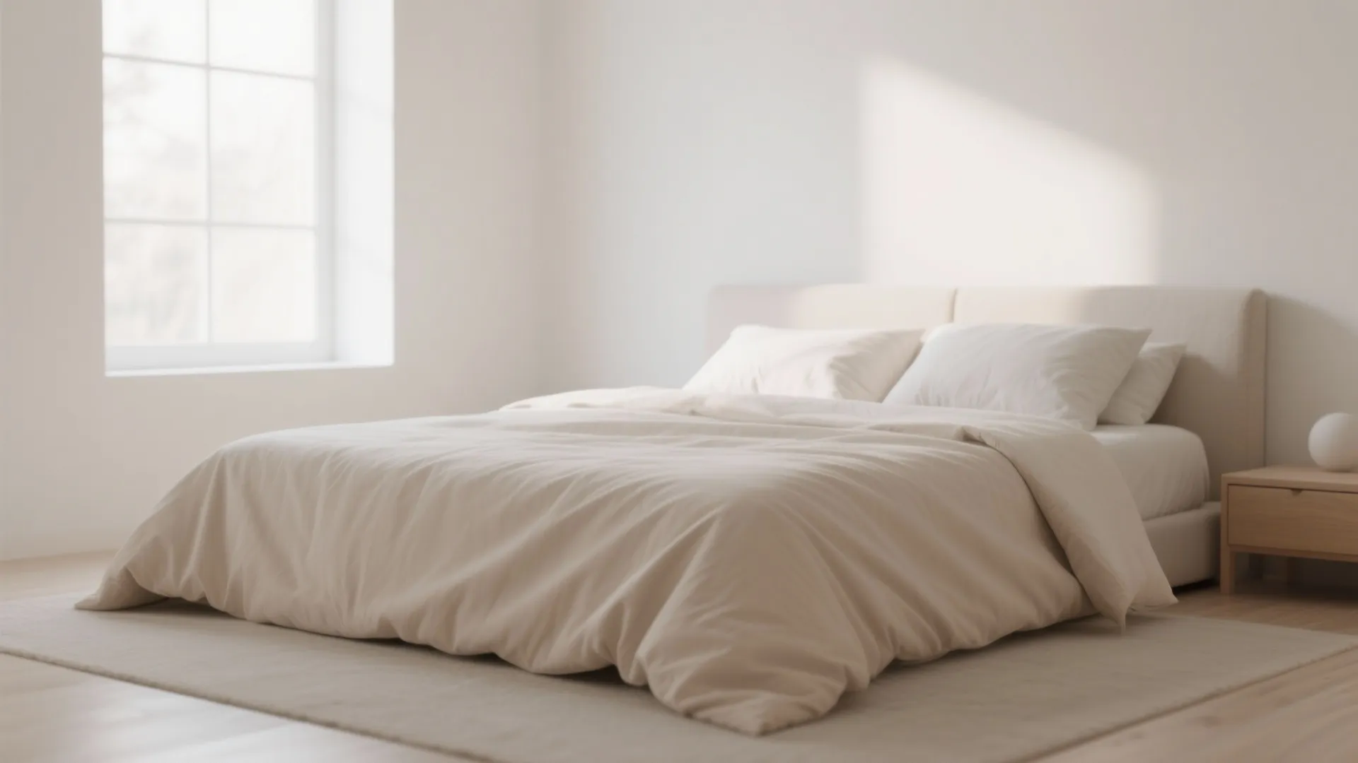 Minimalist sand tone bedding in bright bedroom