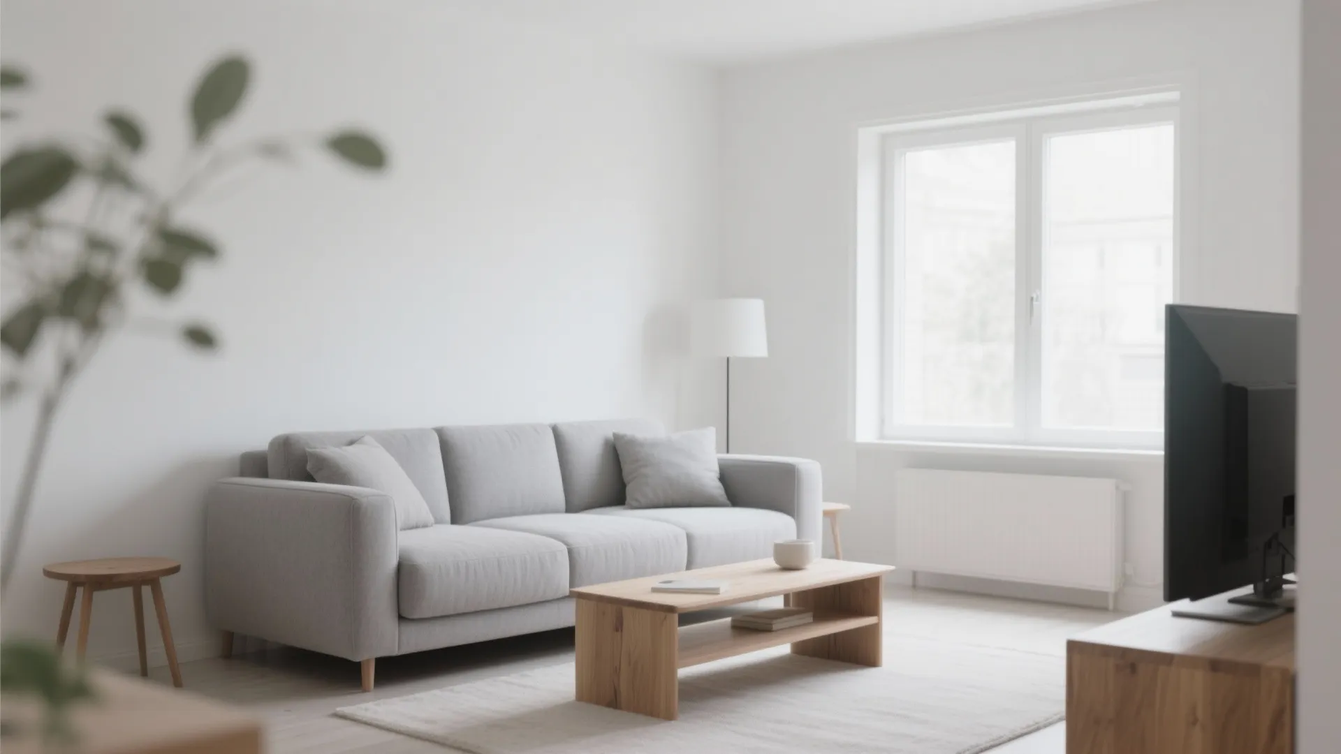 Minimalist living room with grey sofa wooden coffee table white walls large window and lamp