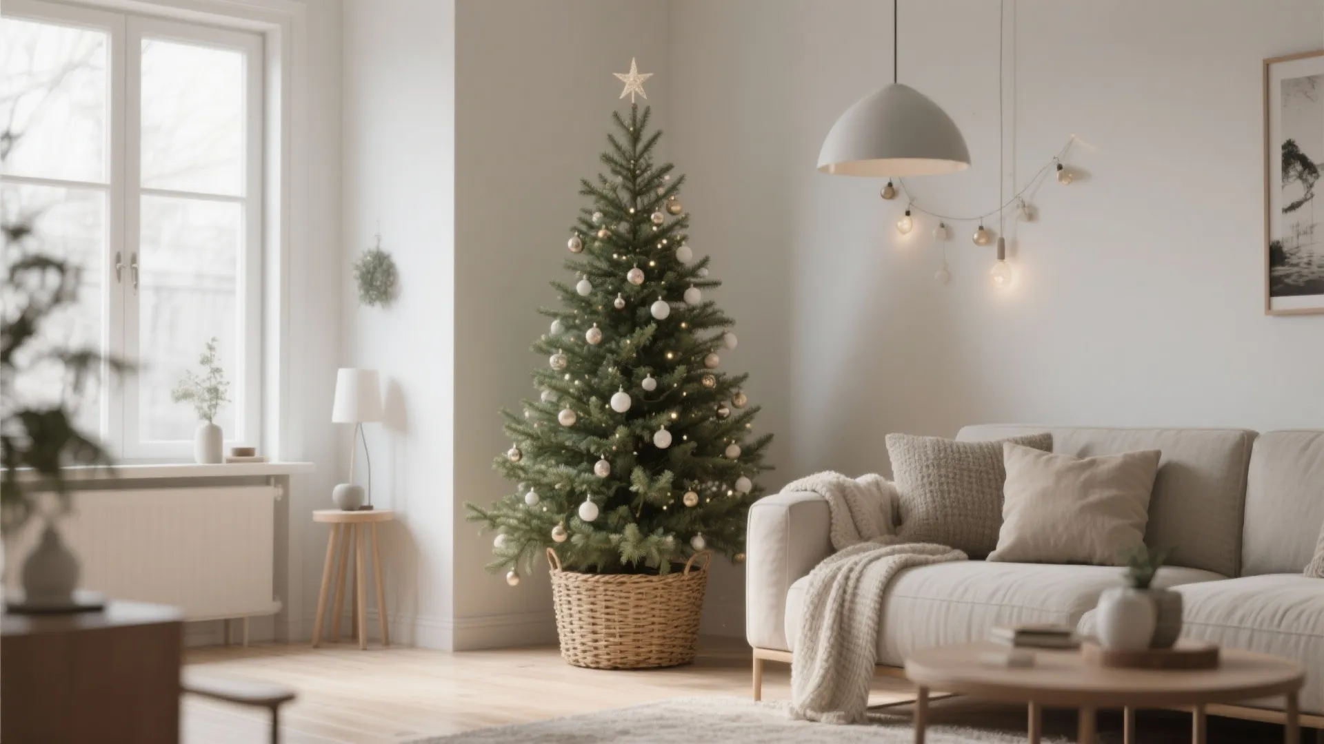 Slim Scandinavian Christmas tree in woven basket in small living room