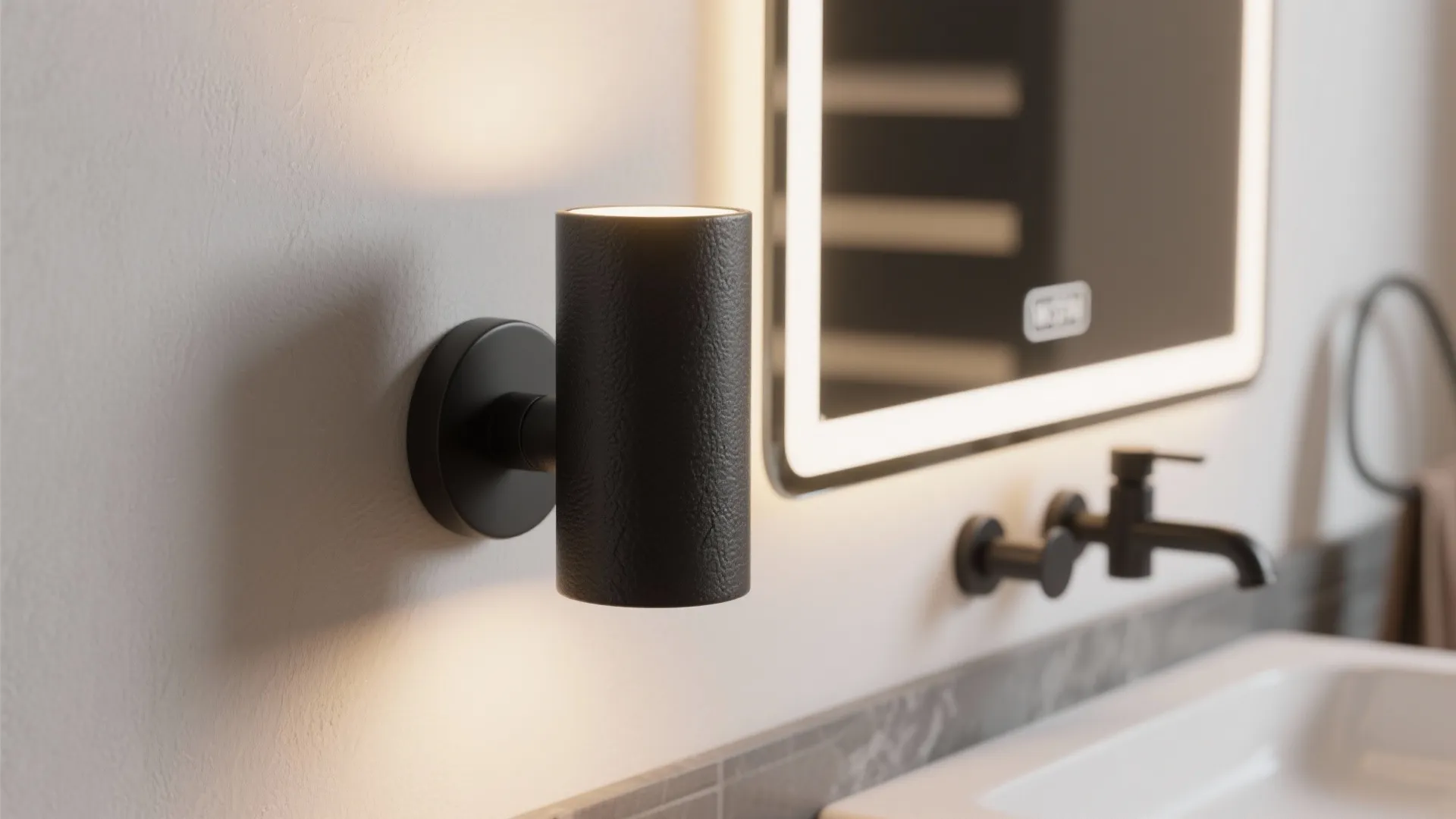 1. Matte black minimalist sconces beside a floating vanity