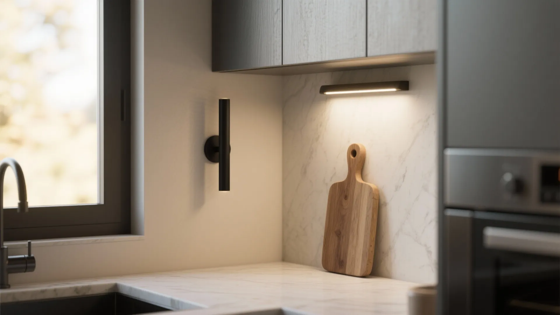 Minimalist black sconces for focused task zones