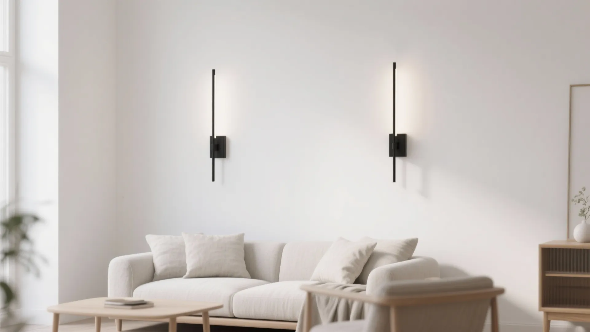 Minimalist white living room with two black linear wall lights above a comfortable beige fabric sofa