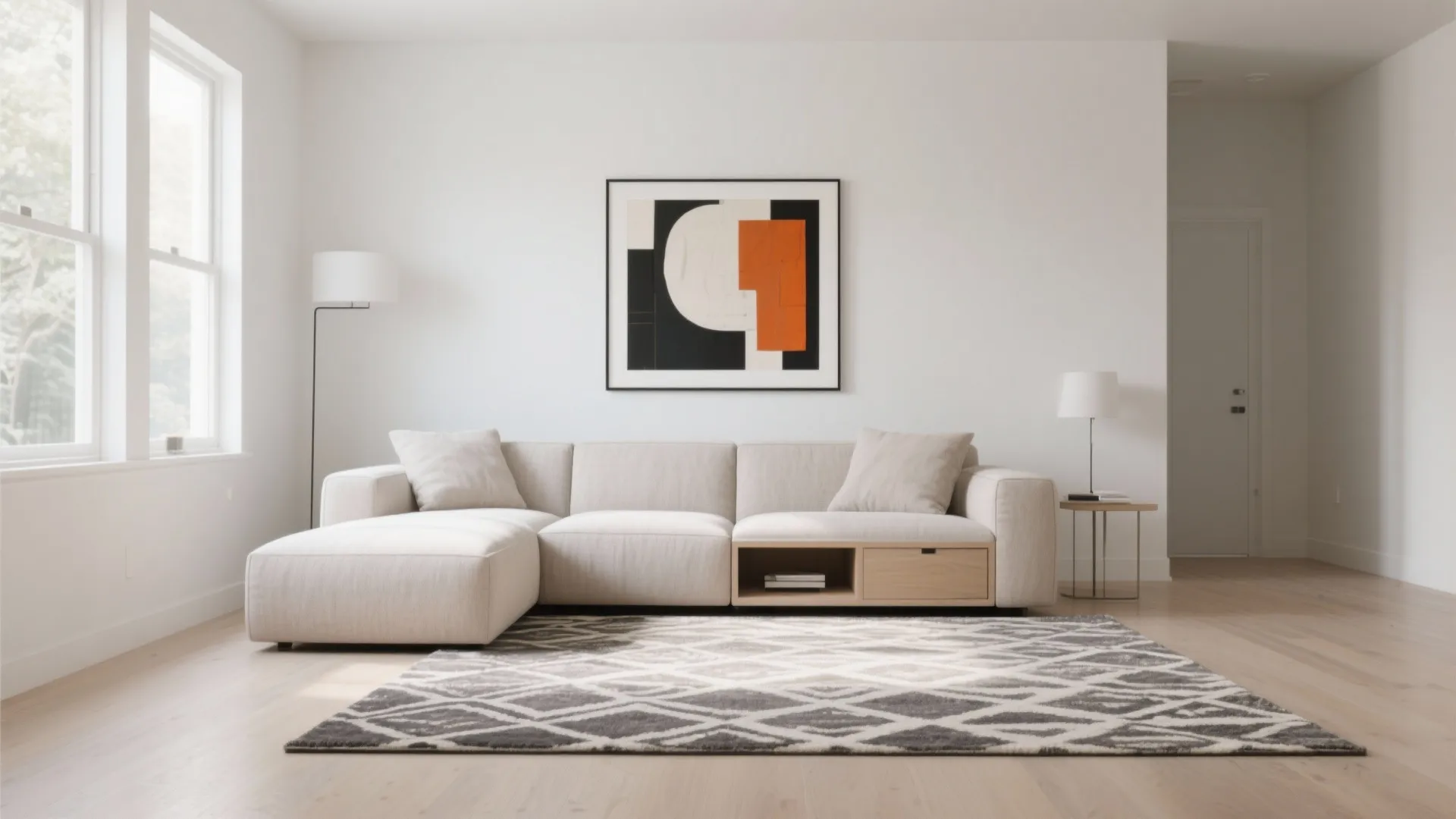 Minimalist white living room featuring a modular sofa with light wood floor and geometric rug