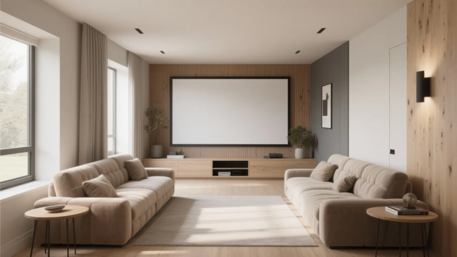Modern living room with two beige sofas large white screen wood wall and small tables