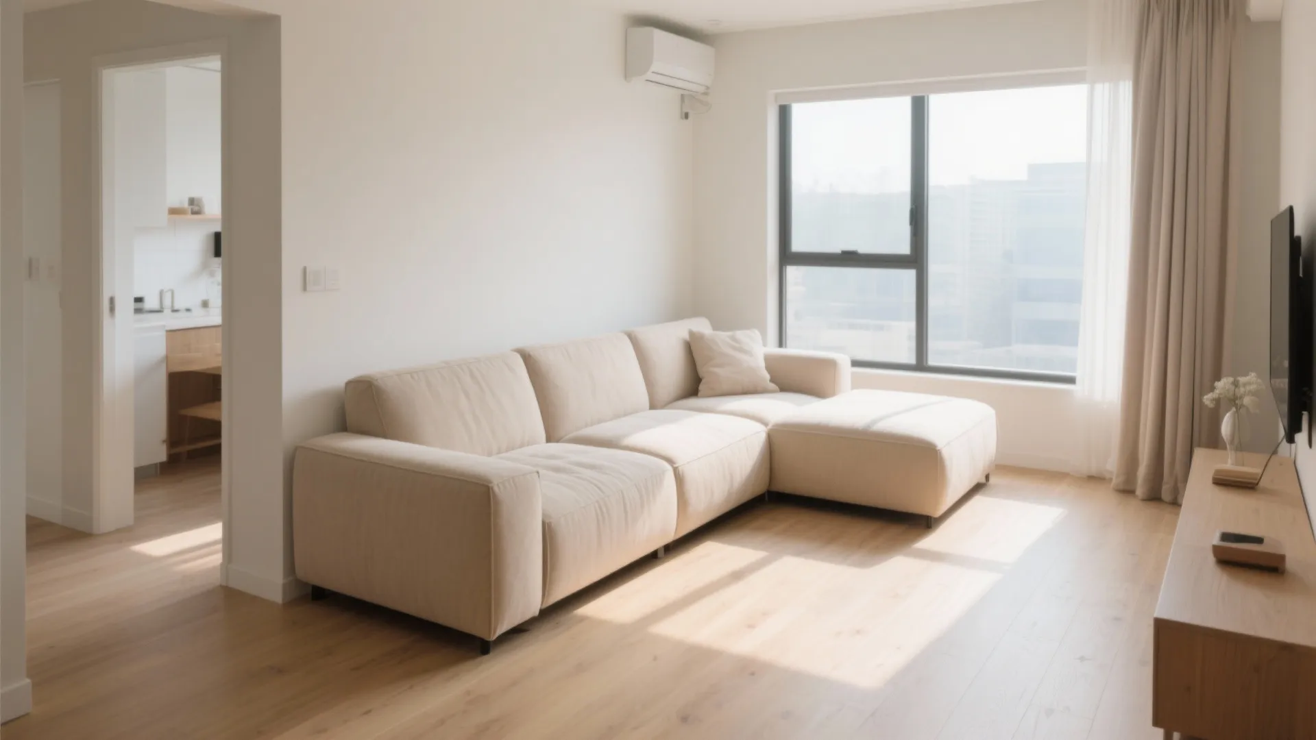Minimalist living room with beige sofa, wooden floor, bright window, curtains, and air conditioning unit