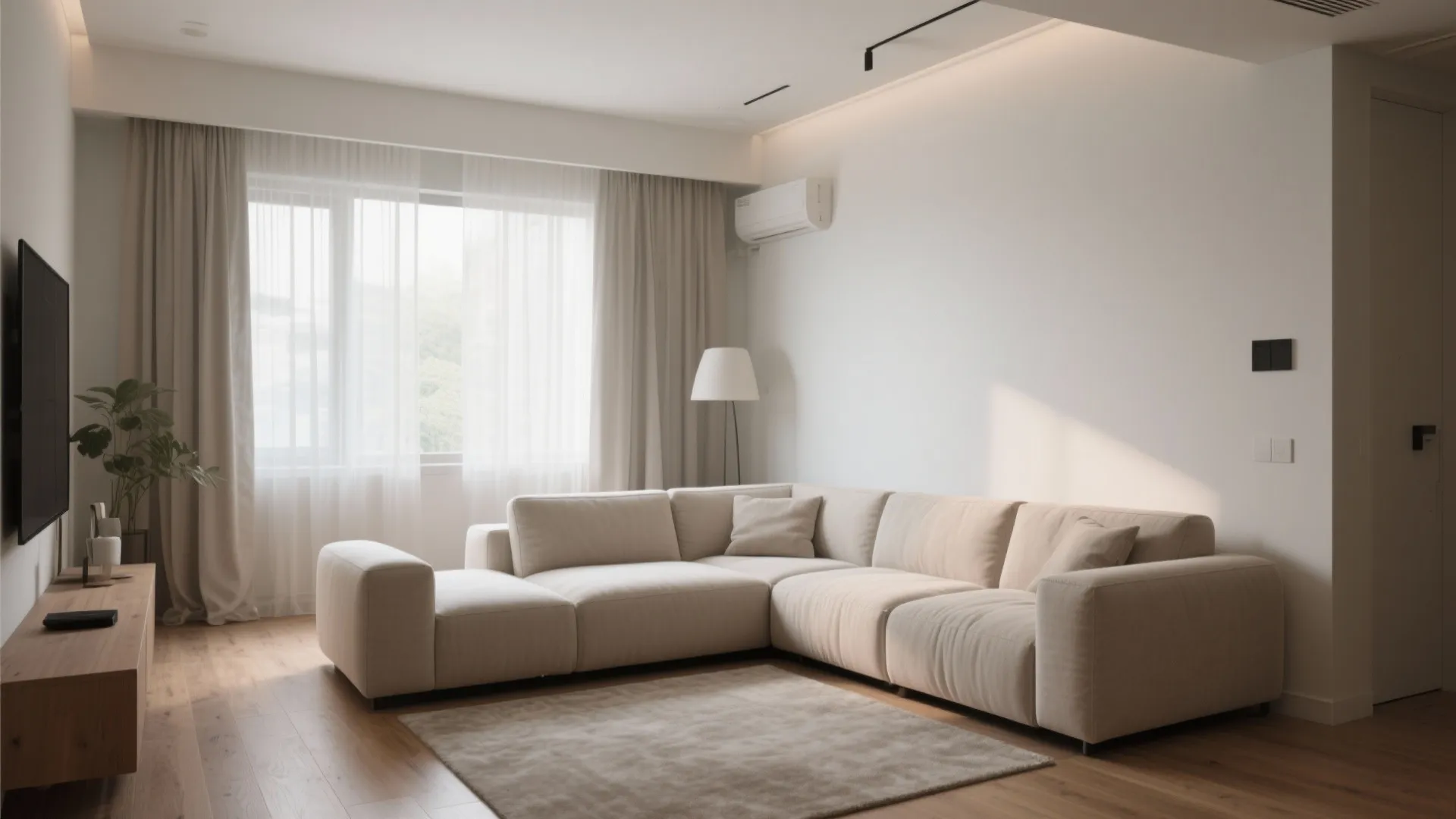Large beige corner sofa in a minimalist living room with wood floors and white curtains