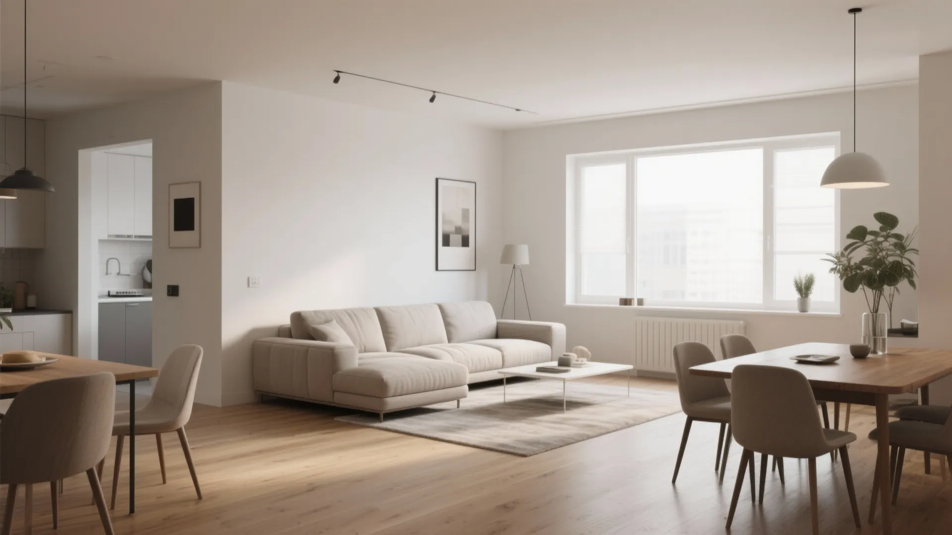Modern open plan living room with a beige sofa coffee table dining set and large windows