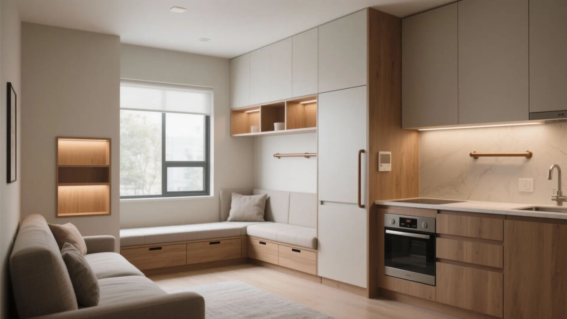 1) Minimalist storage with hotel-level dignity