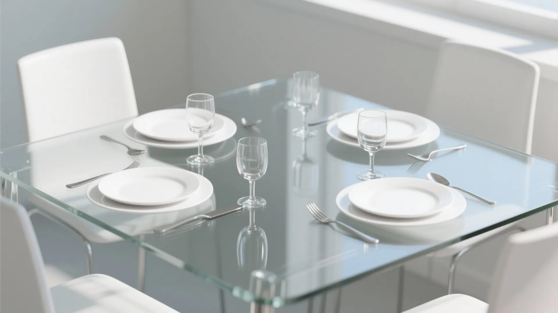 Minimalist glass dining table set with white plates silver forks and clear glasses for four