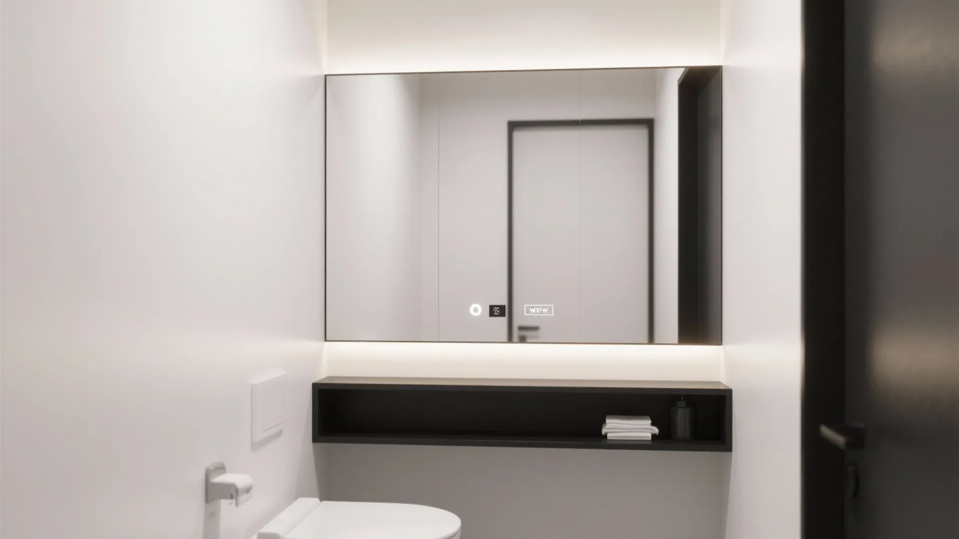 Modern bathroom with large backlit rectangular mirror black wall shelf white toilet and clean minimalist walls