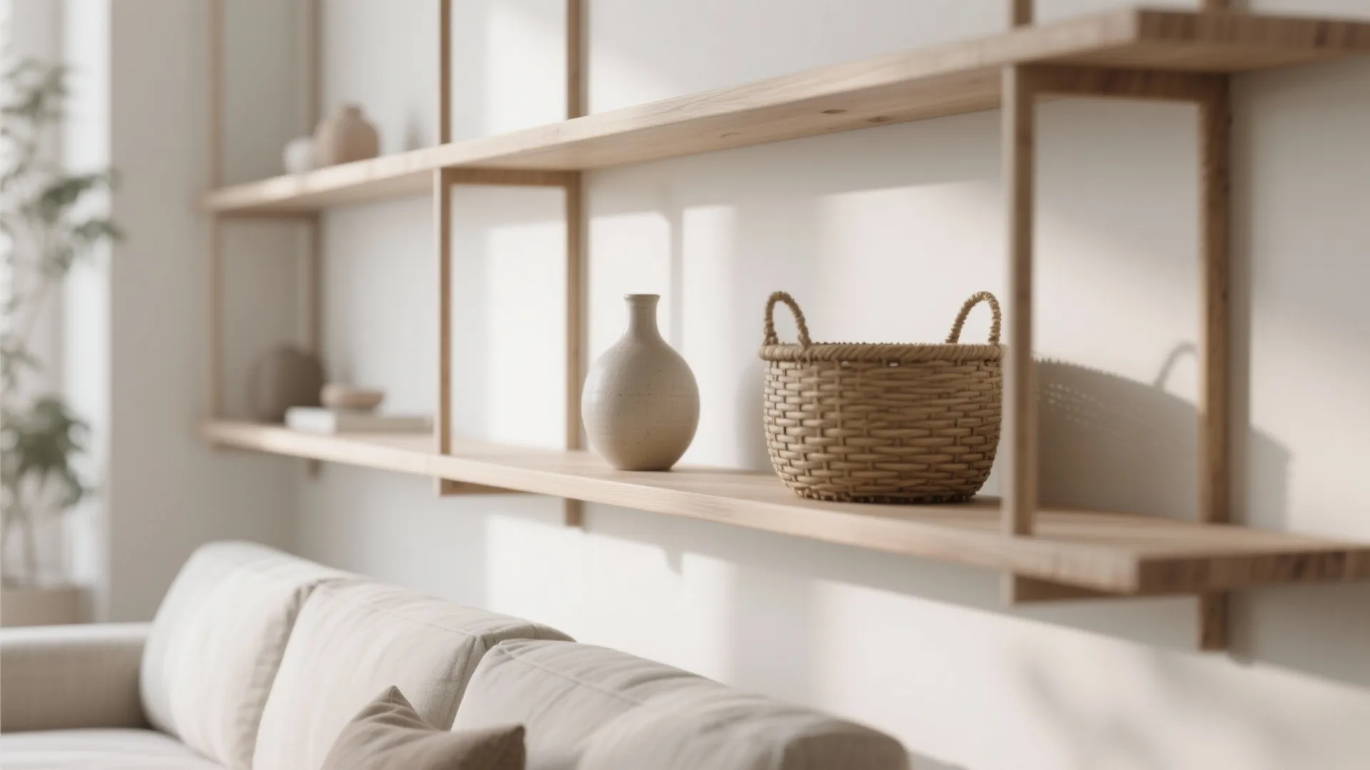 Minimalist wooden wall shelves featuring a ceramic vase and woven basket above a white fabric sofa