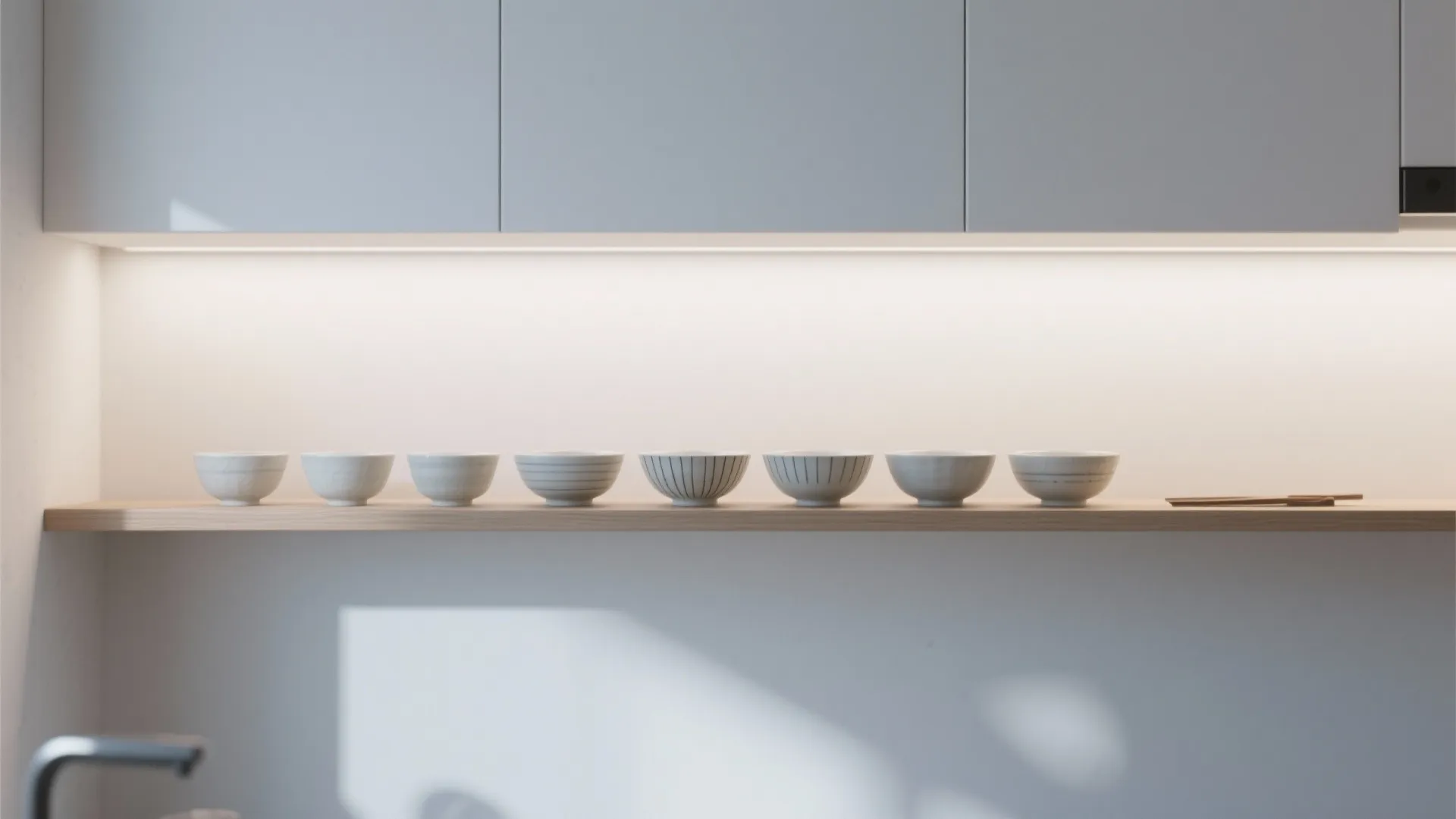Minimalist wooden shelf with eight small ceramic bowls under warm white under cabinet light fixture