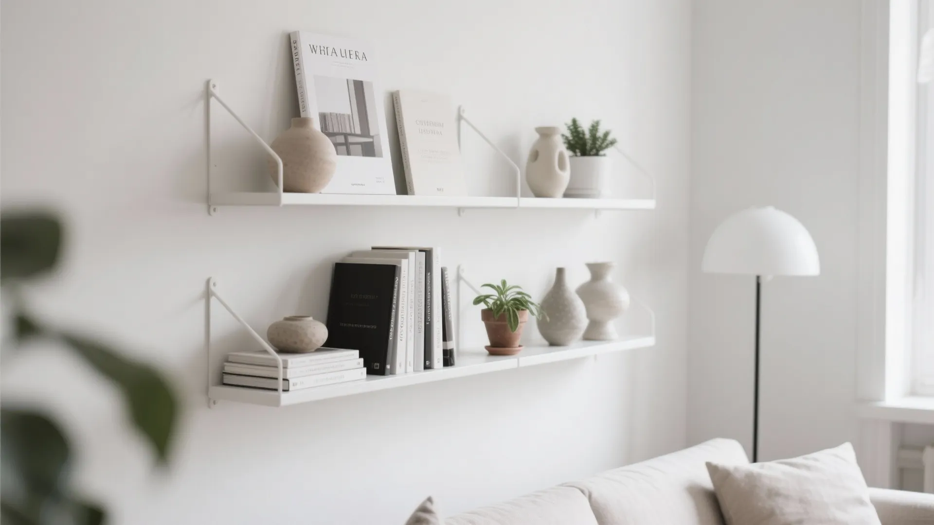 Minimalist white wall shelves with books small potted plants and simple vases in living room
