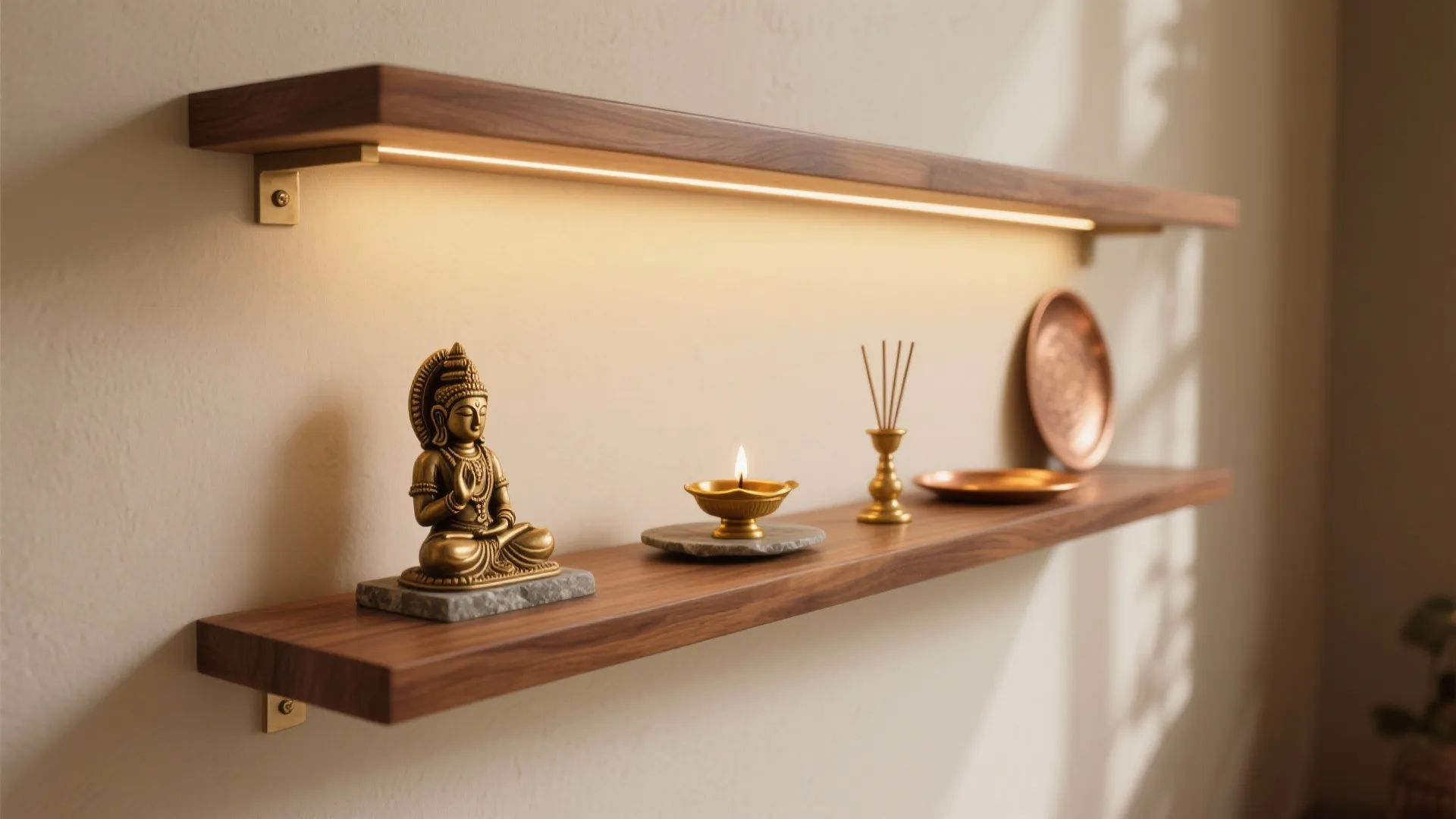 Two wooden wall shelves with built-in light fixture holding a small statue and golden candle
