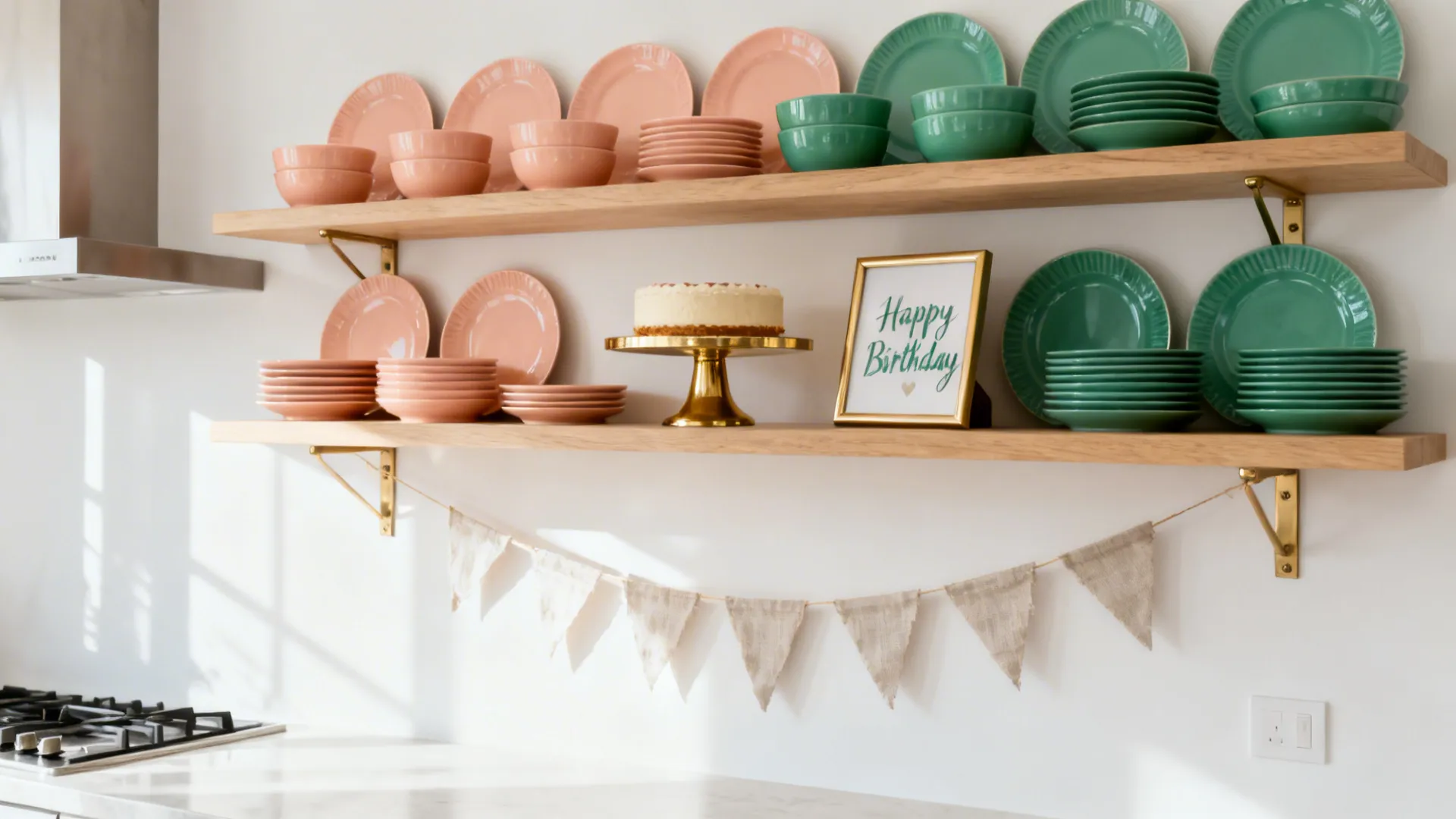 Minimalist open kitchen shelves with color-blocked dishes, gold cake stand, and simple bunting for a birthday.