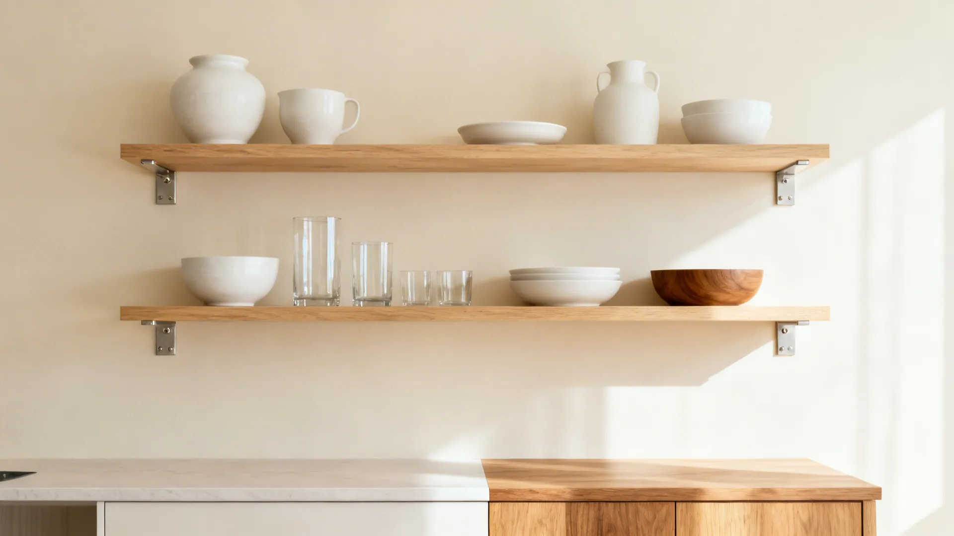 Minimalist open shelves with white ceramics, clear glass, and warm wood tones color-blocked neatly.