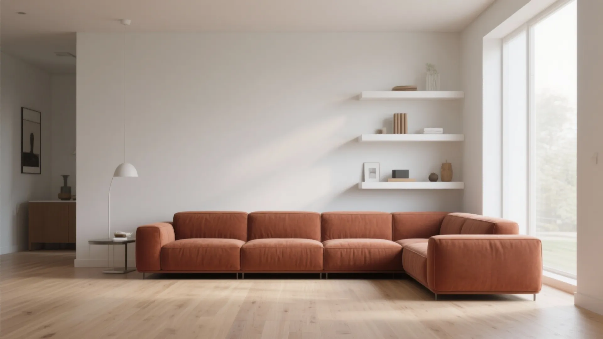 Rust sofa with floating white shelves in minimalist living room