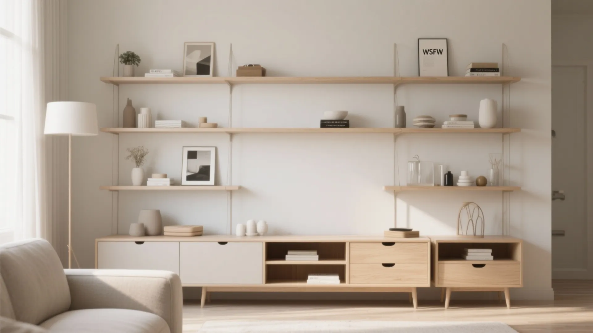 Minimalist living room display featuring long wooden wall shelves and cabinet with simple decorative art pieces