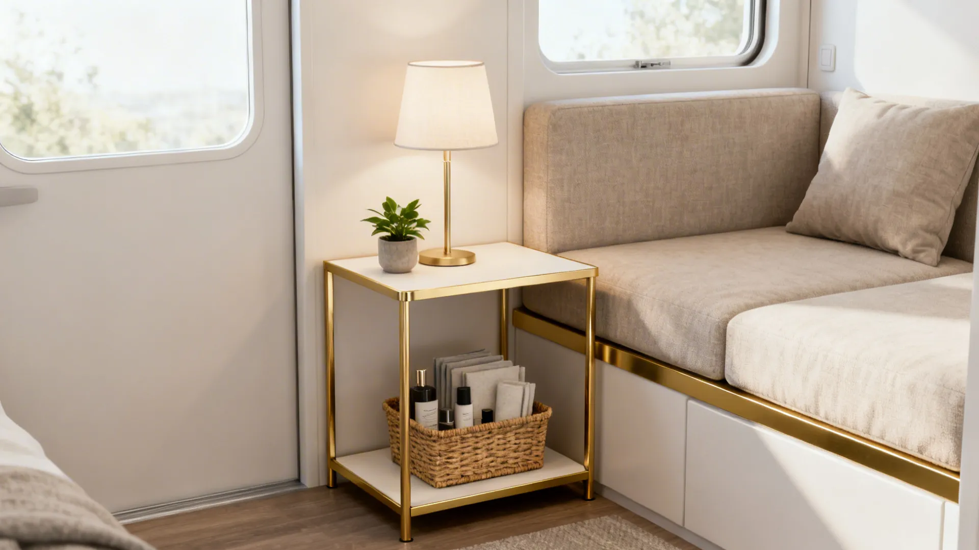 Minimalist gold shelf-table with a lower shelf holding baskets and a lamp in a micro-living room.