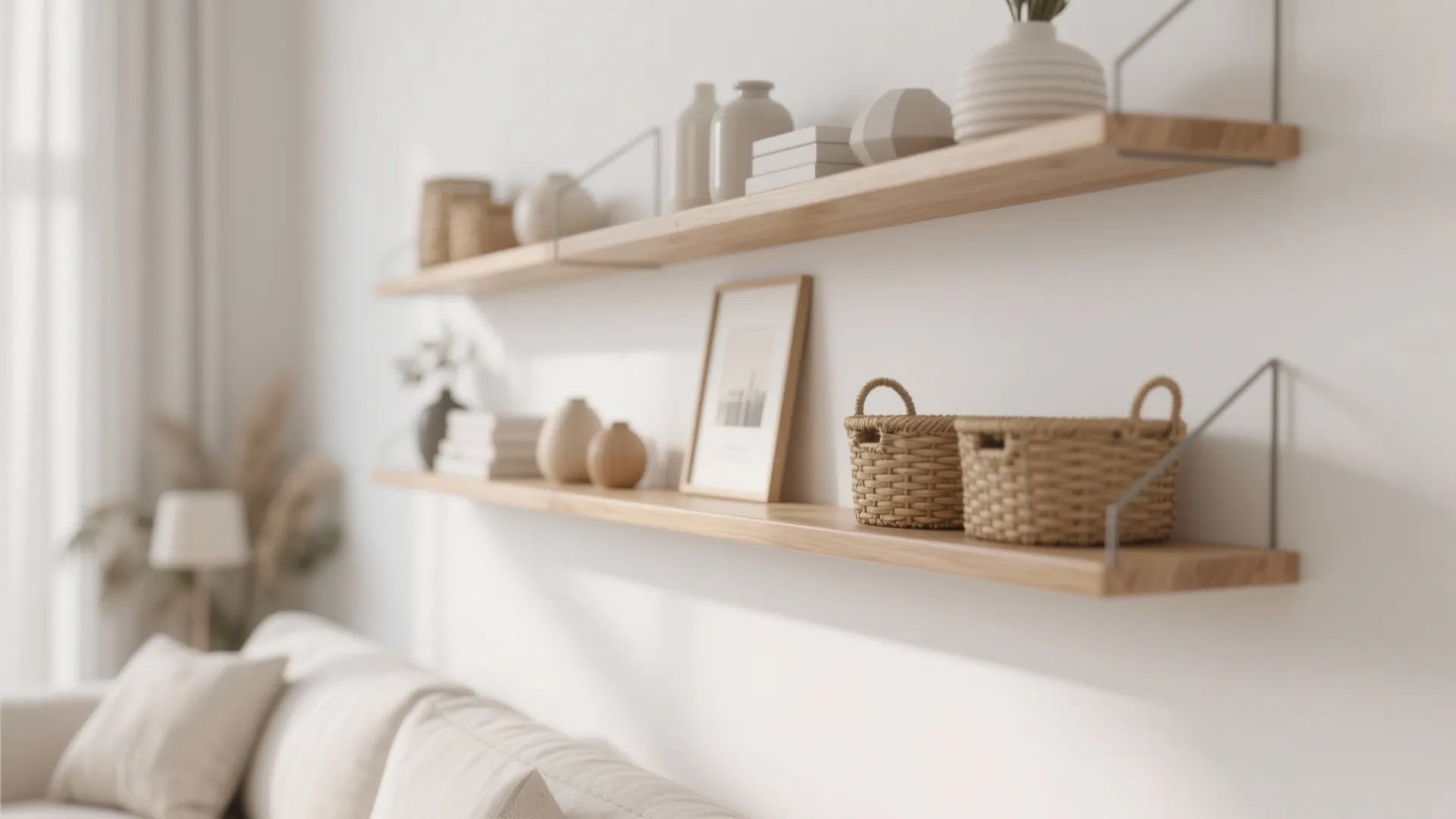 Two floating wooden shelves with white vases small baskets and picture frame on white wall