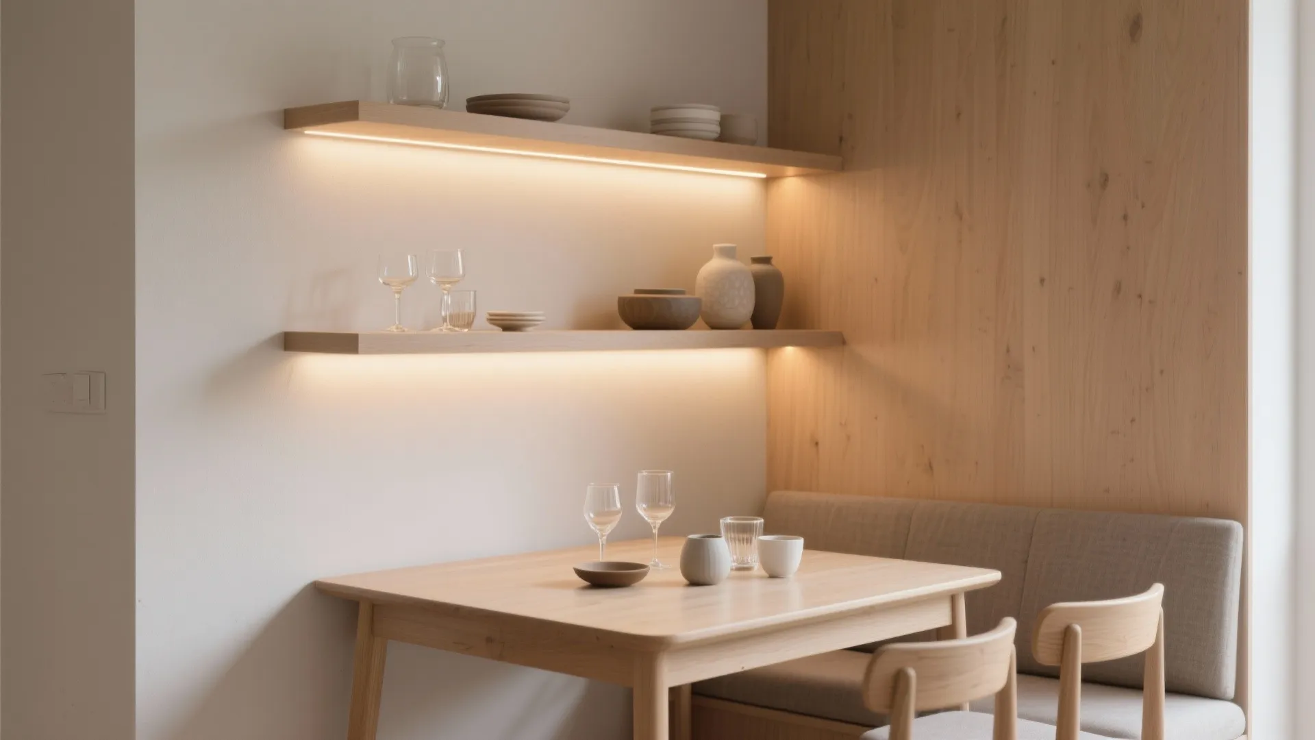 Minimalist Shelving with Warm Lighting