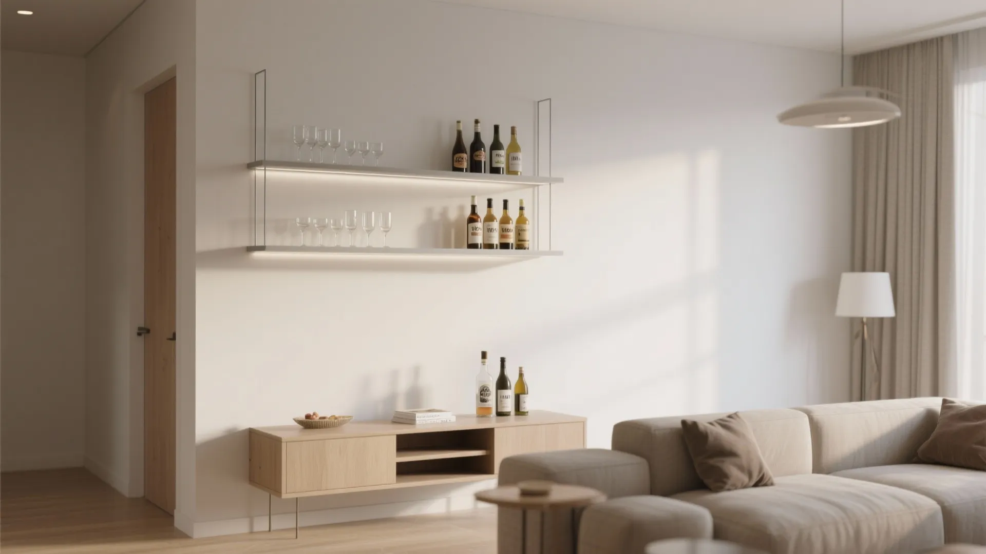 Minimalist floating shelves with bar essentials in a living room