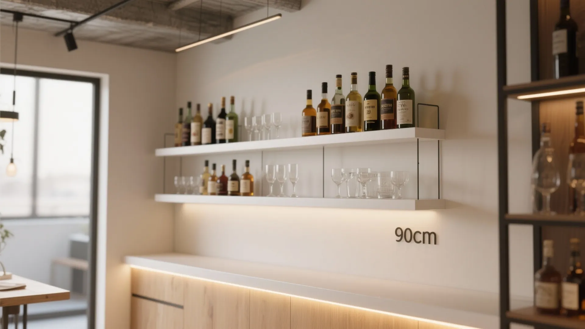 White floating shelves with liquor bottles and glassware above a wooden cabinet with light strip