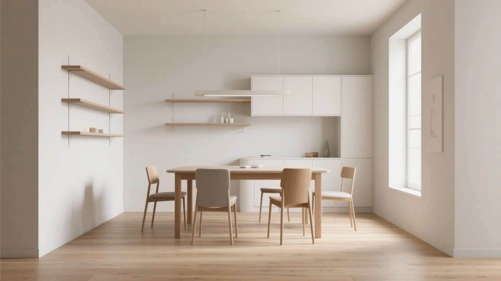 Minimalist dining room featuring wooden table four chairs white cabinets wall shelves and natural light