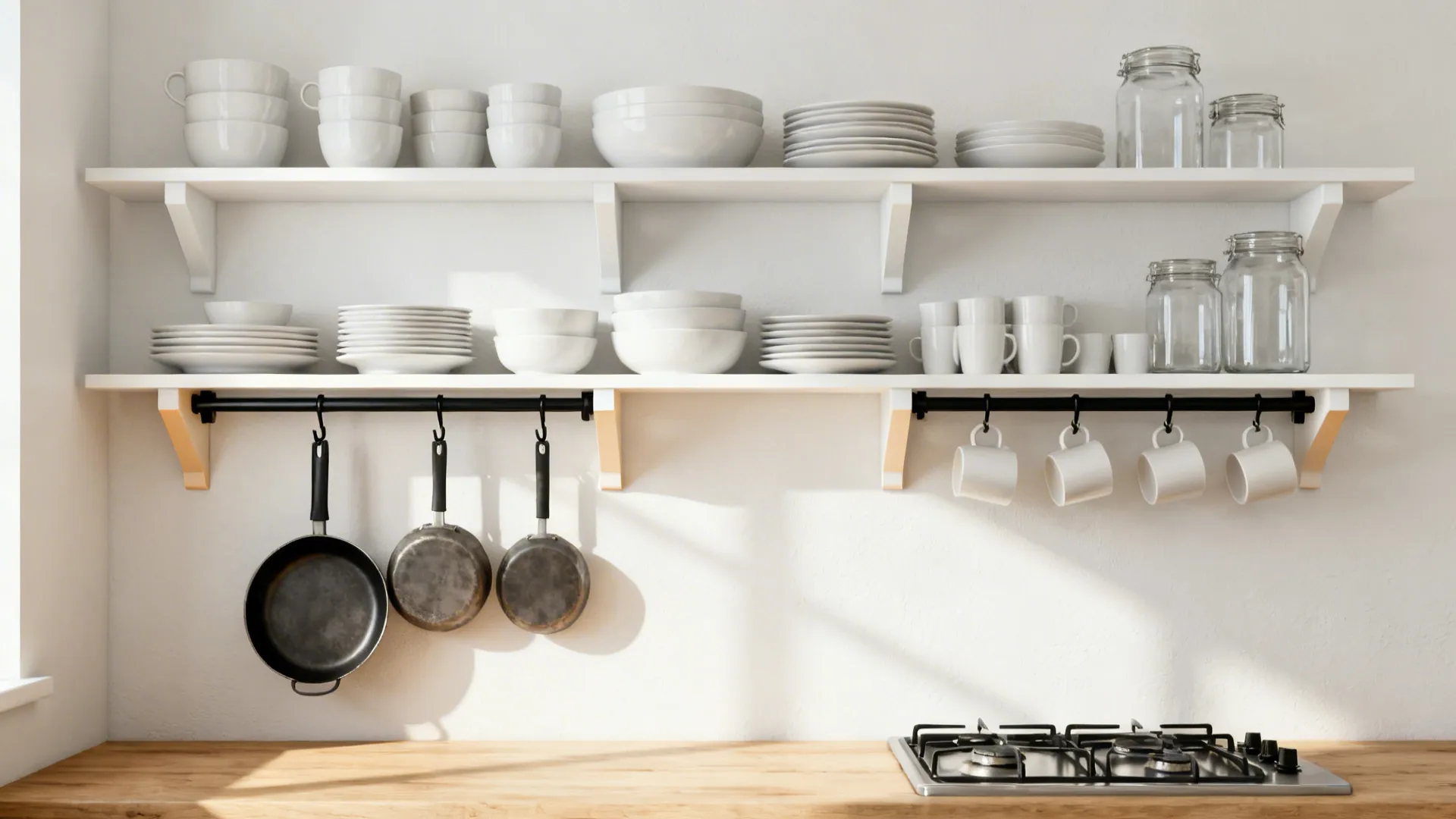 Minimalist kitchen wall with shallow open shelves and a black rail system displaying everyday dishes.