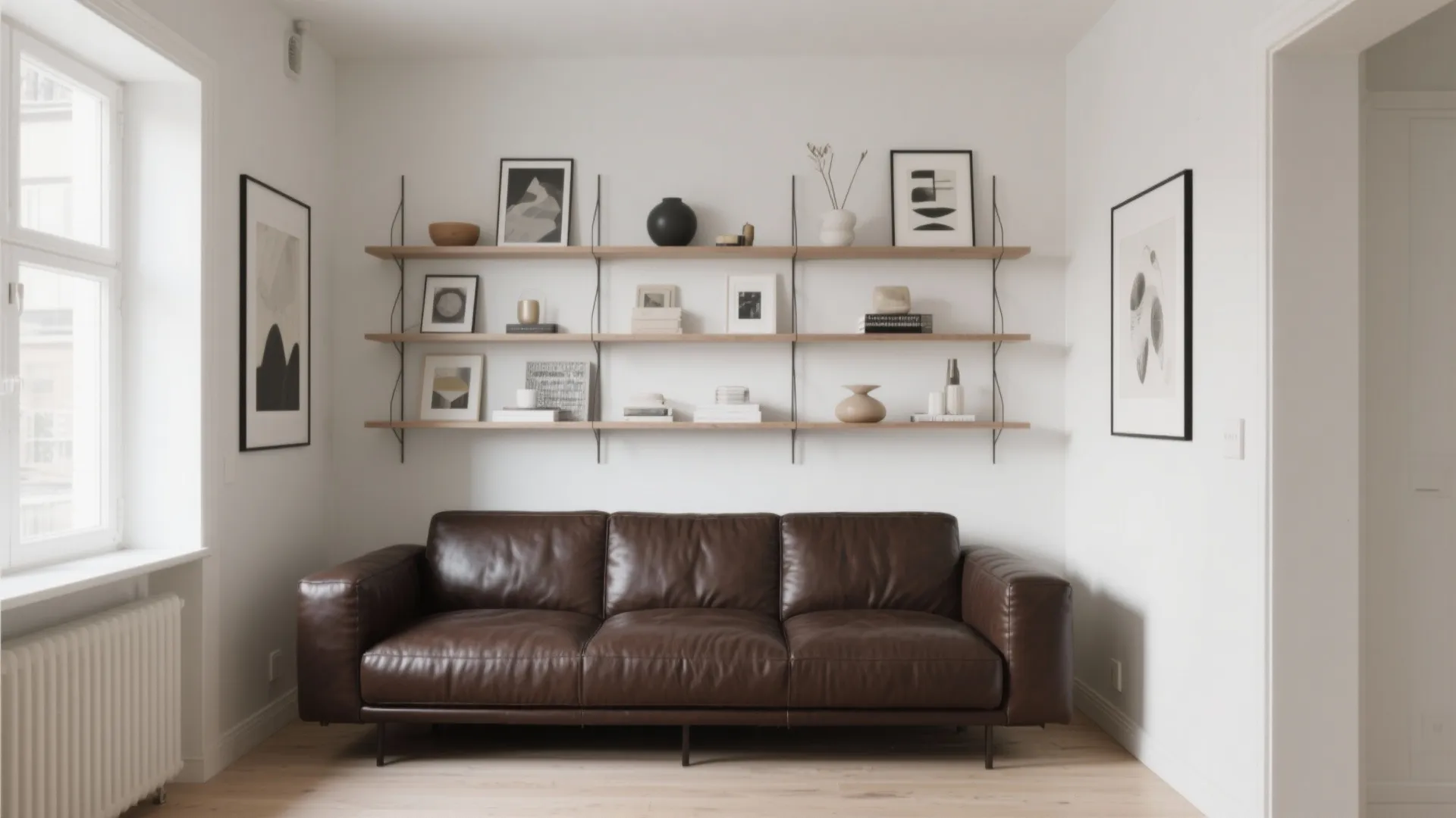 Minimalist open shelving behind a dark brown sofa in a small apartment