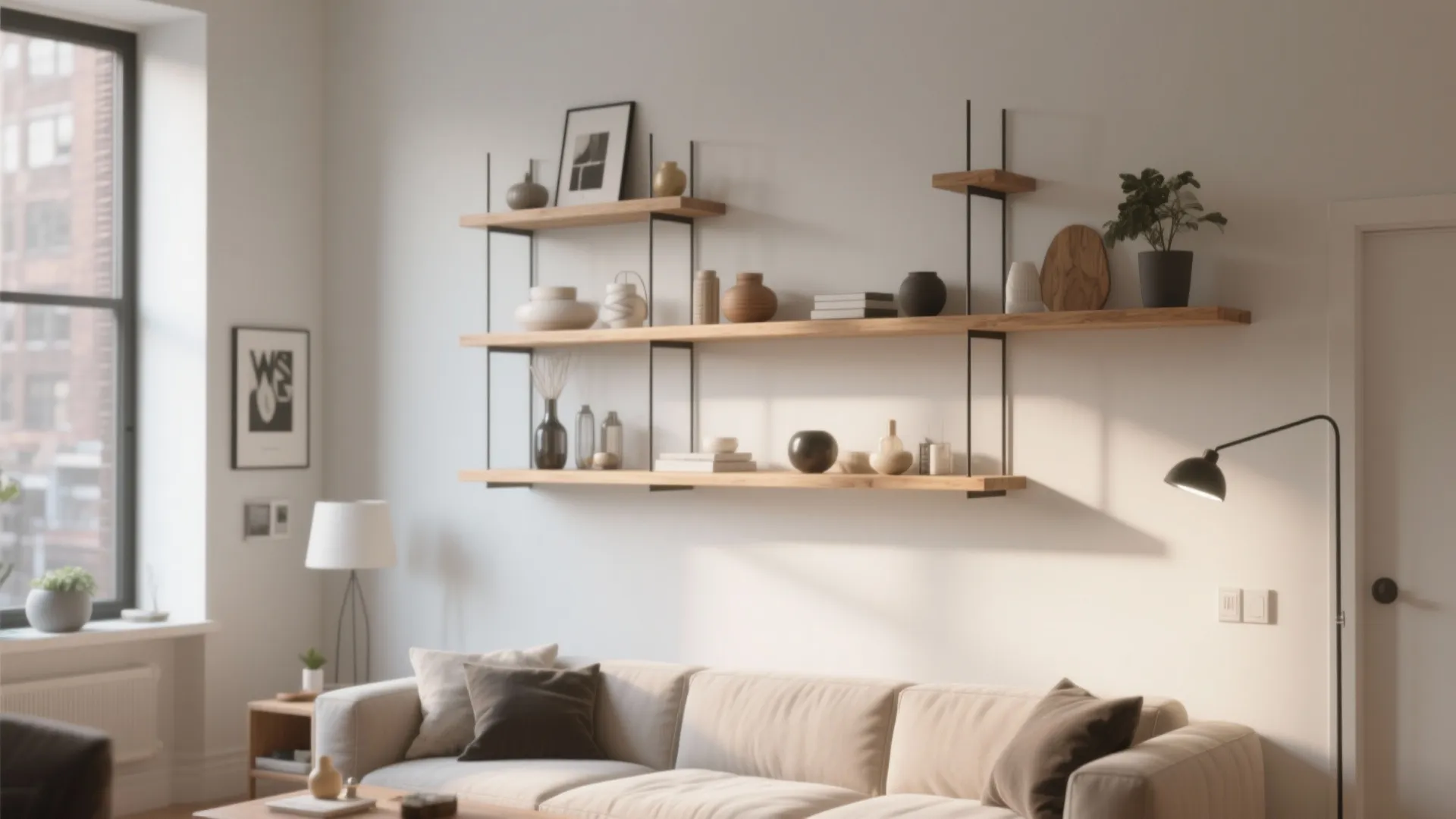 Minimalist wooden wall shelves with decorative vases and books above a beige sofa in room