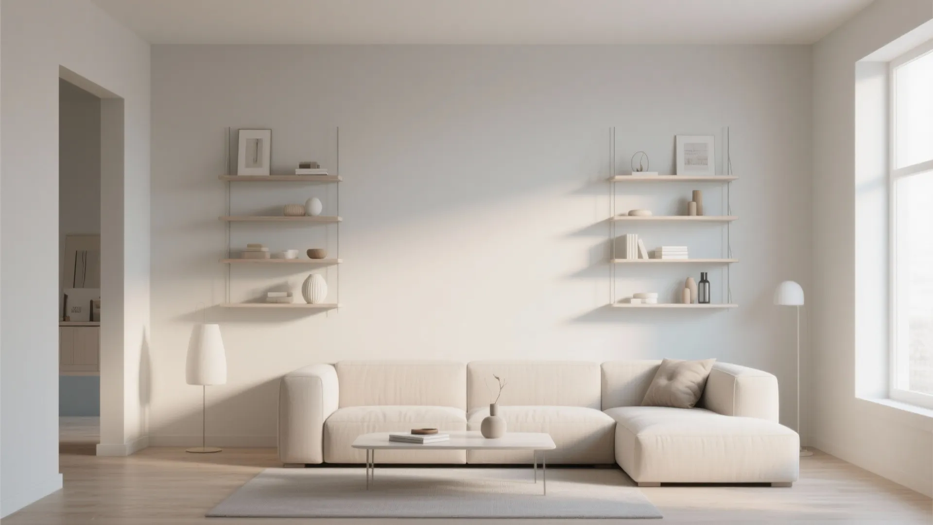 Minimalist living room featuring a long white sofa wooden shelves and a small coffee table