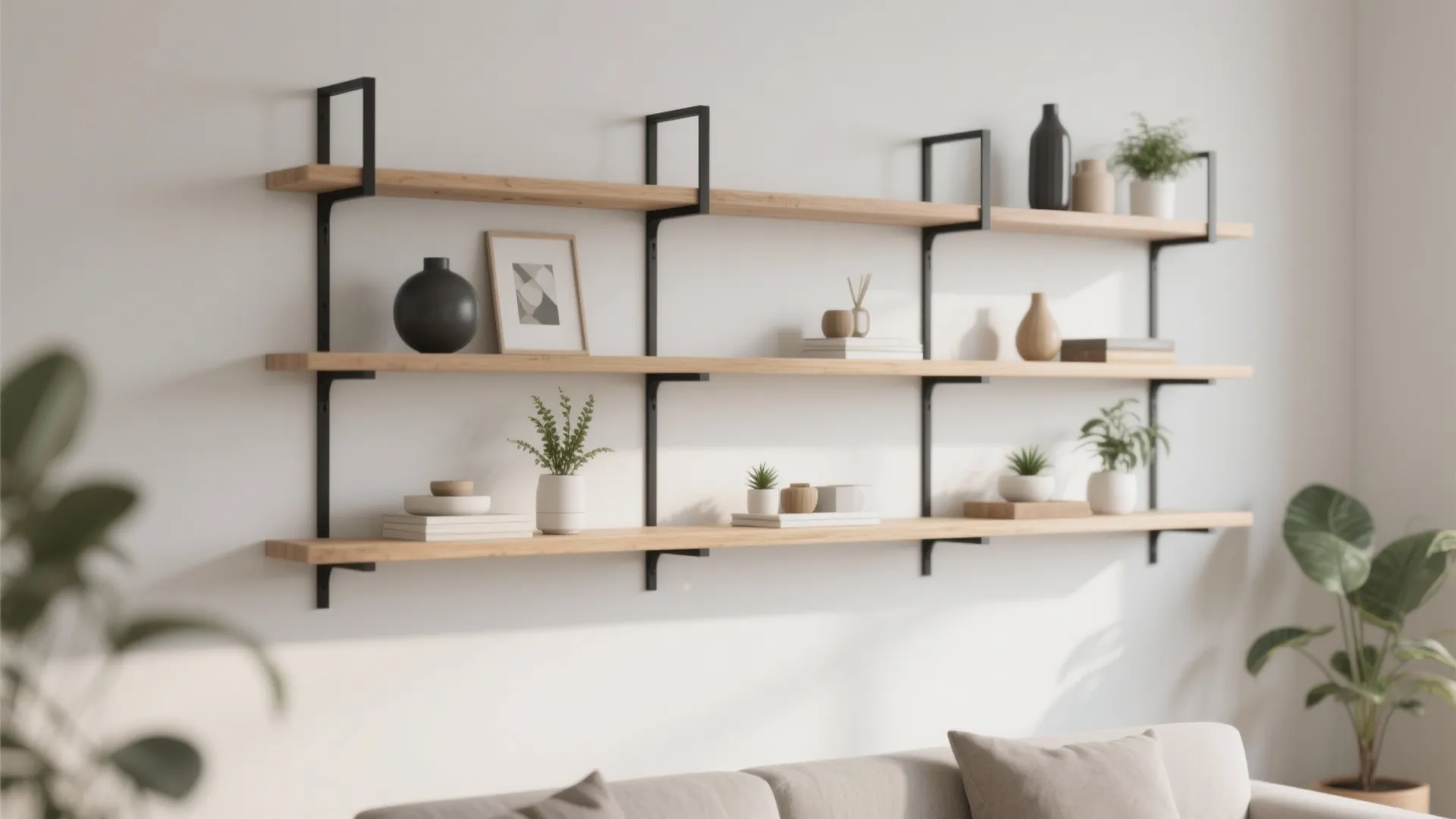 Minimalist wooden shelves with decor items in a bright living room