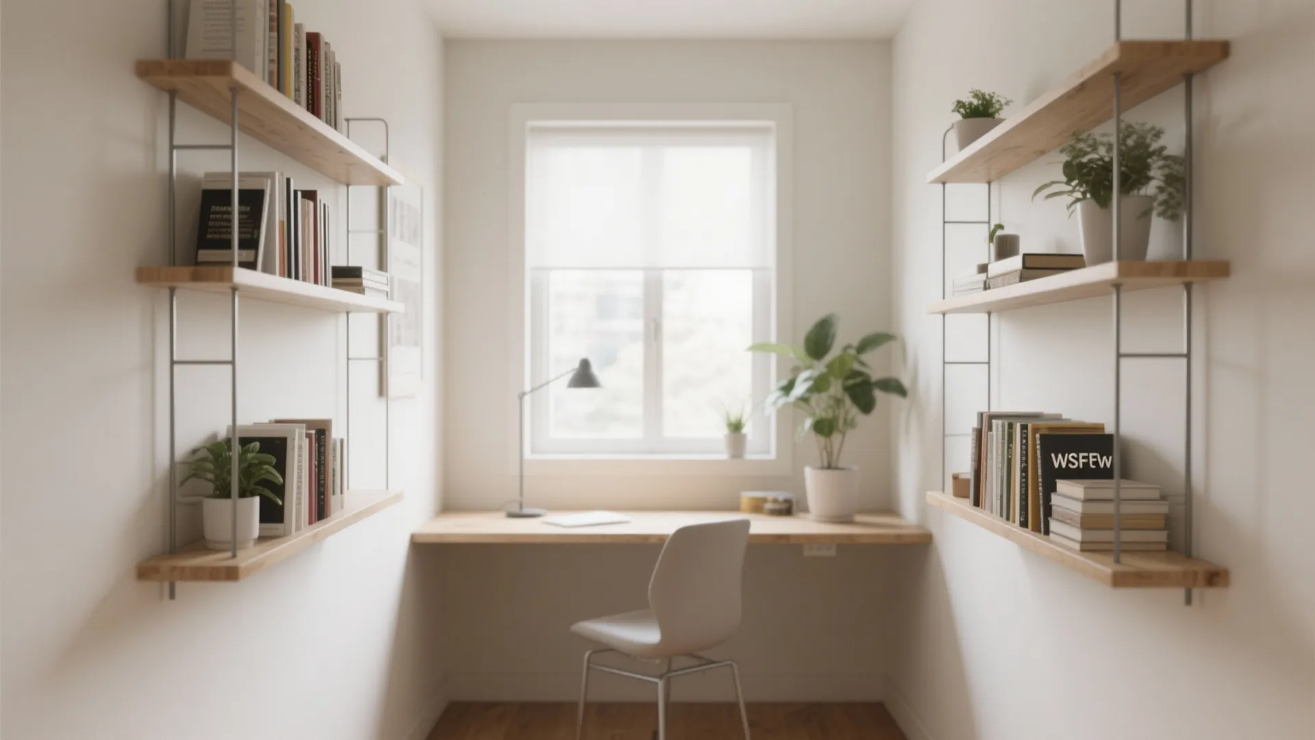 Minimalist home office with wooden desk white chair wall shelves books plants and large window