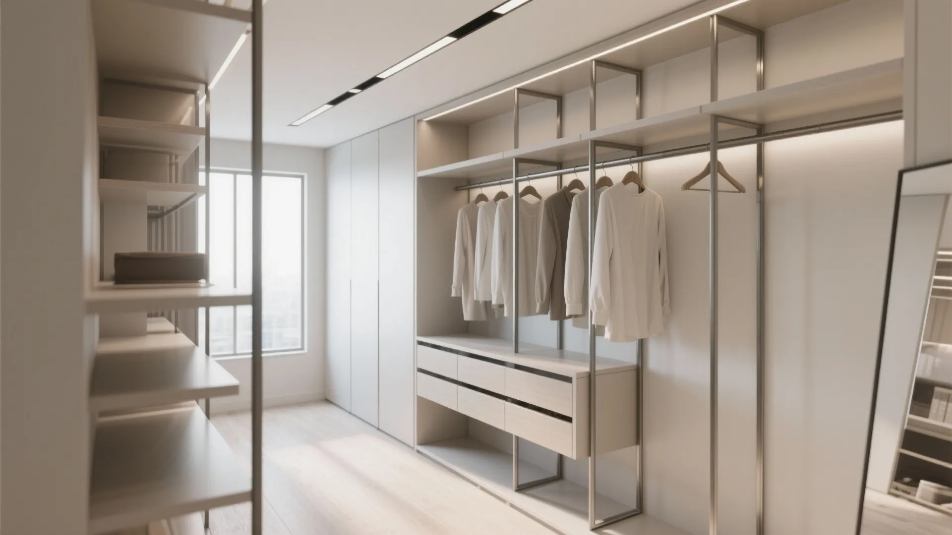 Minimalist shelving and hanging zones