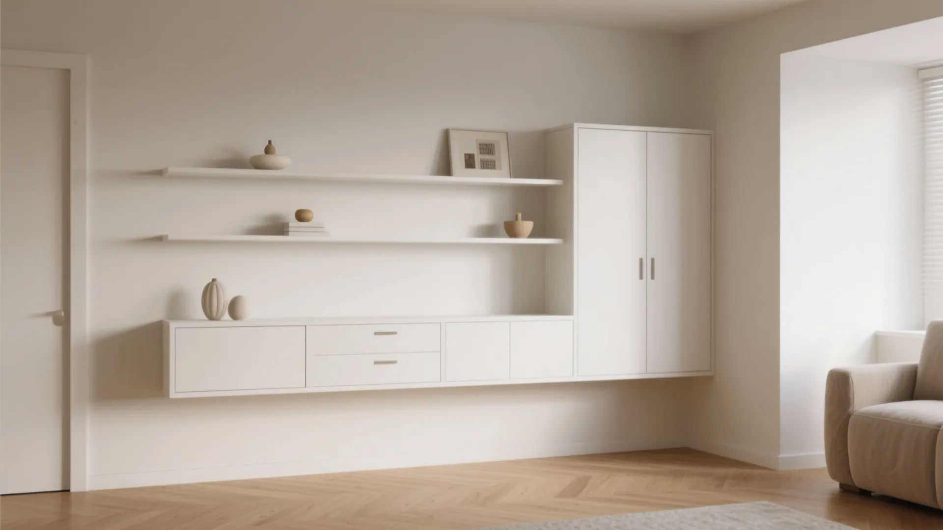Minimalist white wall shelves and floating cabinet set on a white wall with wooden floors