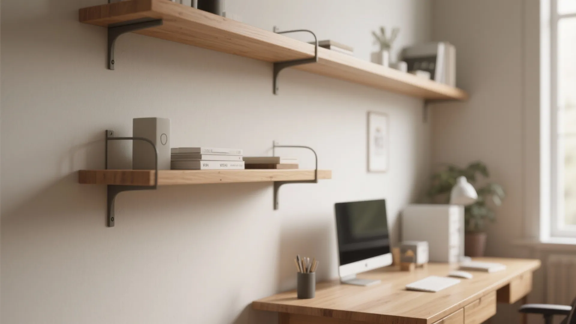 Minimalist shelving for a clutter-free desk