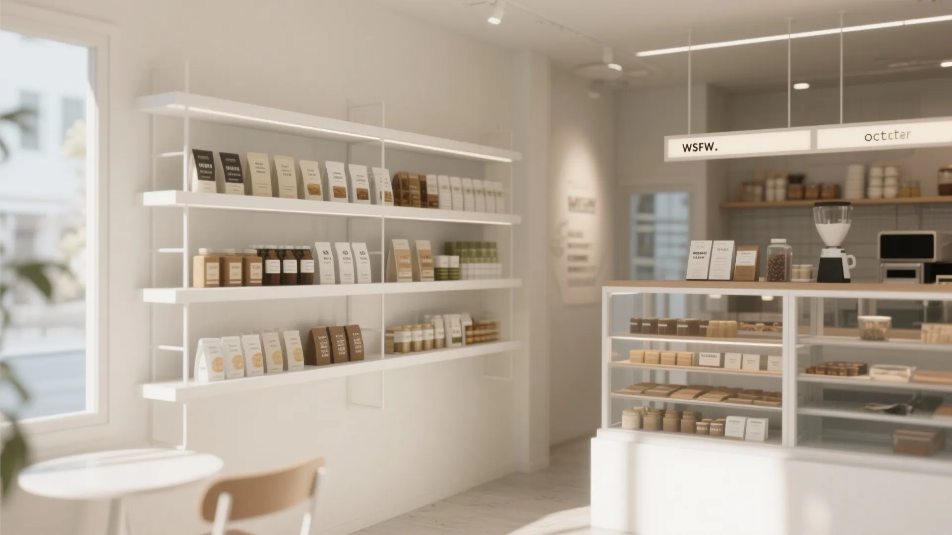 Bright minimalist cafe interior with white wall shelves displaying coffee products and a glass counter
