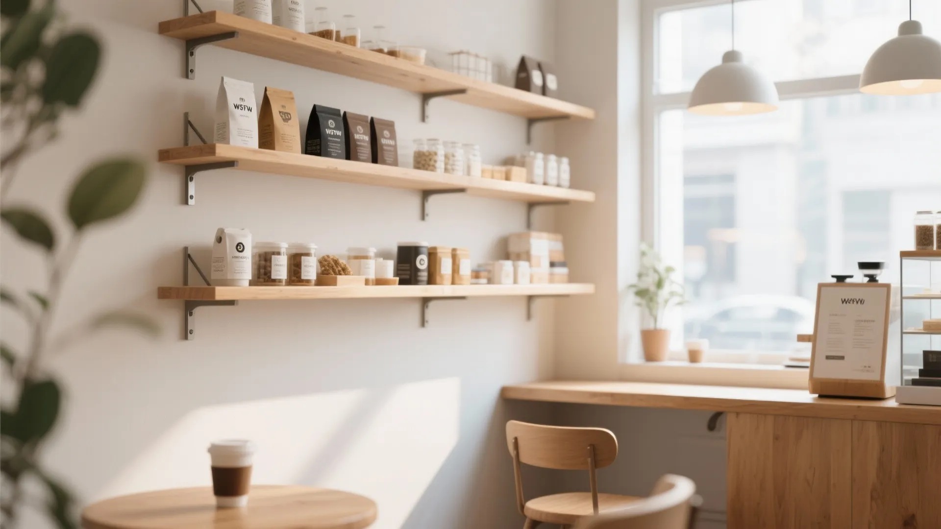 Modern cafe interior with wooden floating wall shelves holding coffee bags jars and a chair